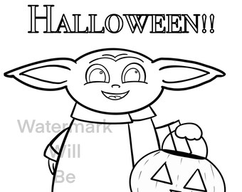 Halloween trick or treat fall festival baby yoda coloring sheet instant download printable homeschool teacher star wars day curriculum