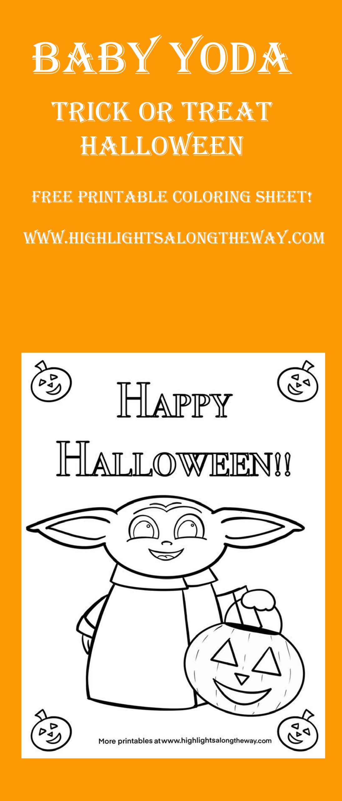 Baby yoda printable halloween trick or treat coloring sheet