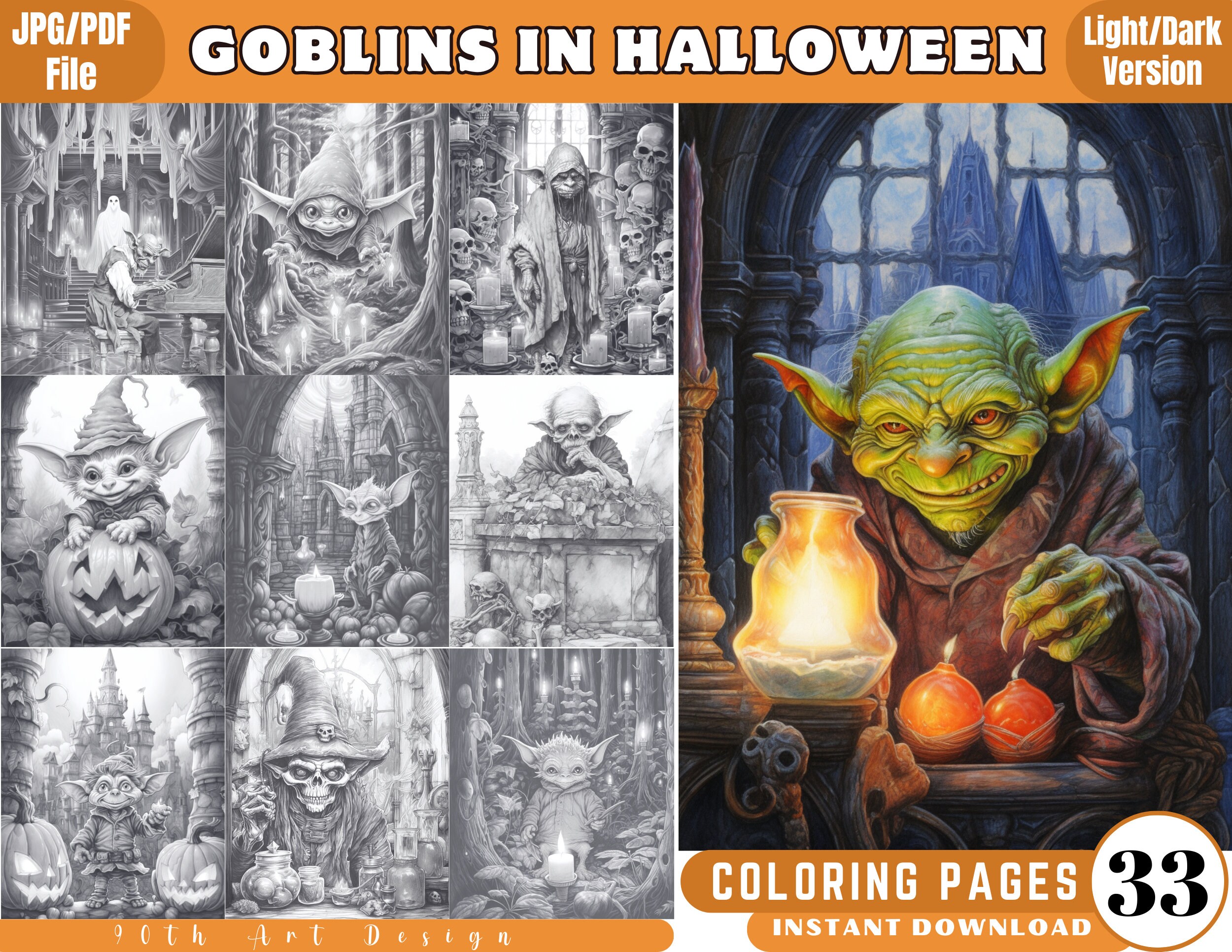 Goblins in halloween grayscale coloring pages for adults darklight version in jpgpdf file instant download printable coloring pages