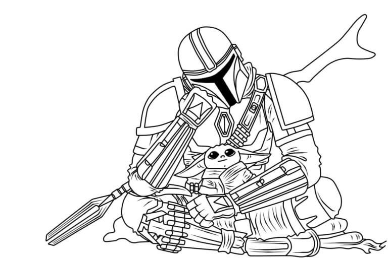 Mandalorian and grogu sitting coloring page