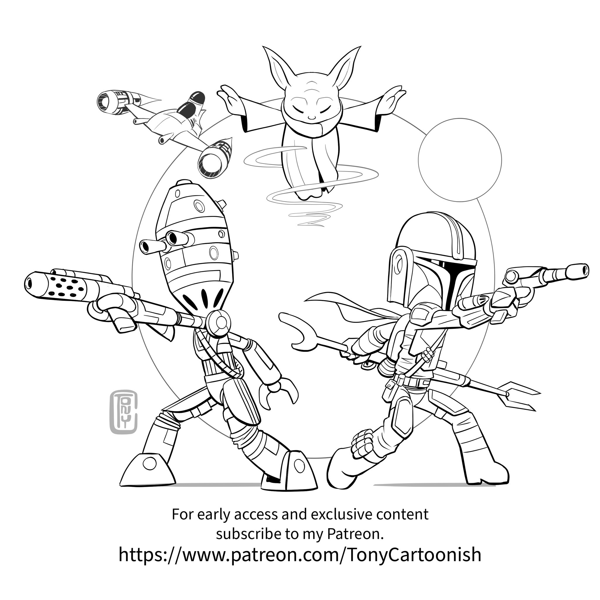 Tony helms on x patreon exclusive coloring page available on my patreon for early access process sketches and more exclusive content please consider subscribing to my patreon starwars themandalorian mando mandalorian babyyoda