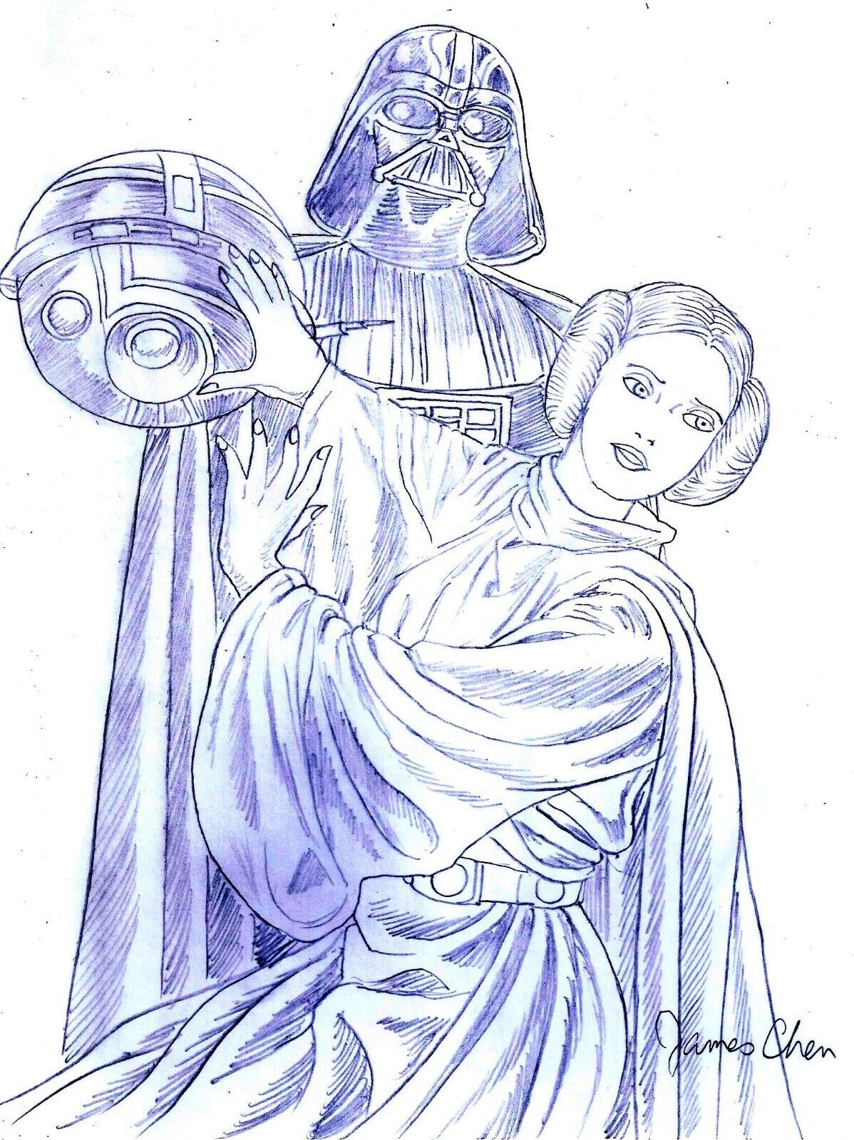 Star wars princess leia darth vader original ic art on cardstock