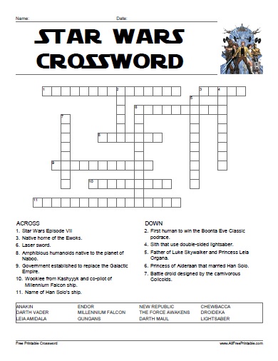 Star wars crossword â free printable