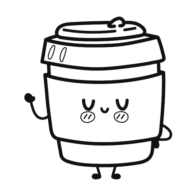 Premium vector cute funny coffee waving hand character outline cartoon illustration for coloring book