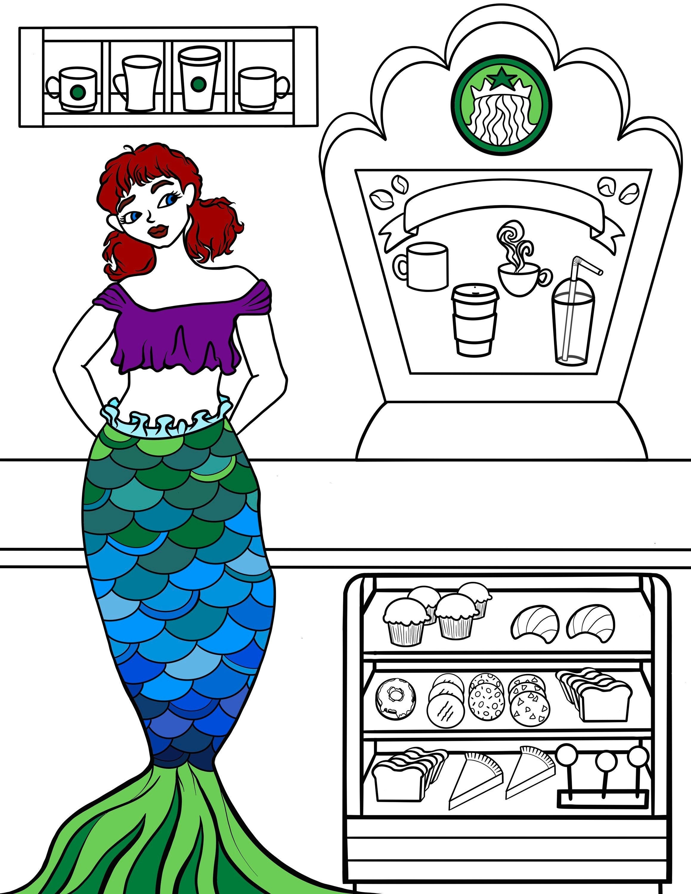 Coffee mermaid i printable coloring page l mermaid on land starbucks fun cute coffee lover gift activity instant download pdf jpg ready now