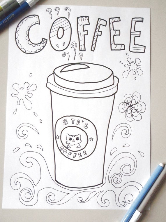 Coffee cup adult coloring page printable travel mug goodmorning download colouring book bakery crazy cat lady print digital lasoffittadiste