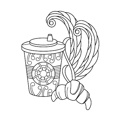 Coloring book disposable coffee cup croissant takeaway coffee breakfast doodle elements vector stock illustration