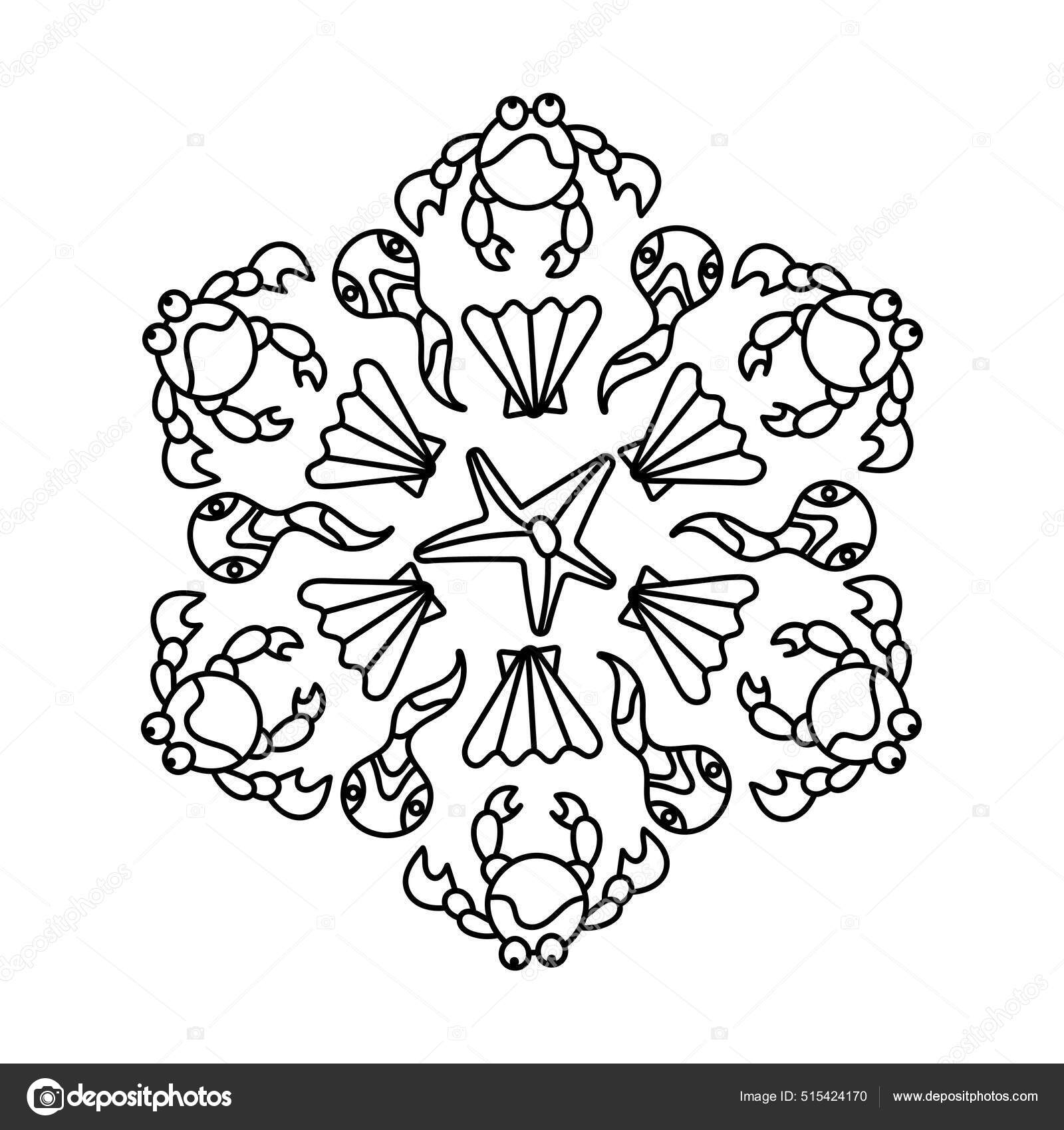 Coloring page mandala for kids with crabs starfish shell hand