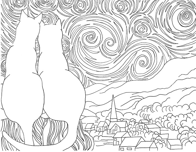 Starry kitties parody of starry night printable adult coloring page â dark whimsical art