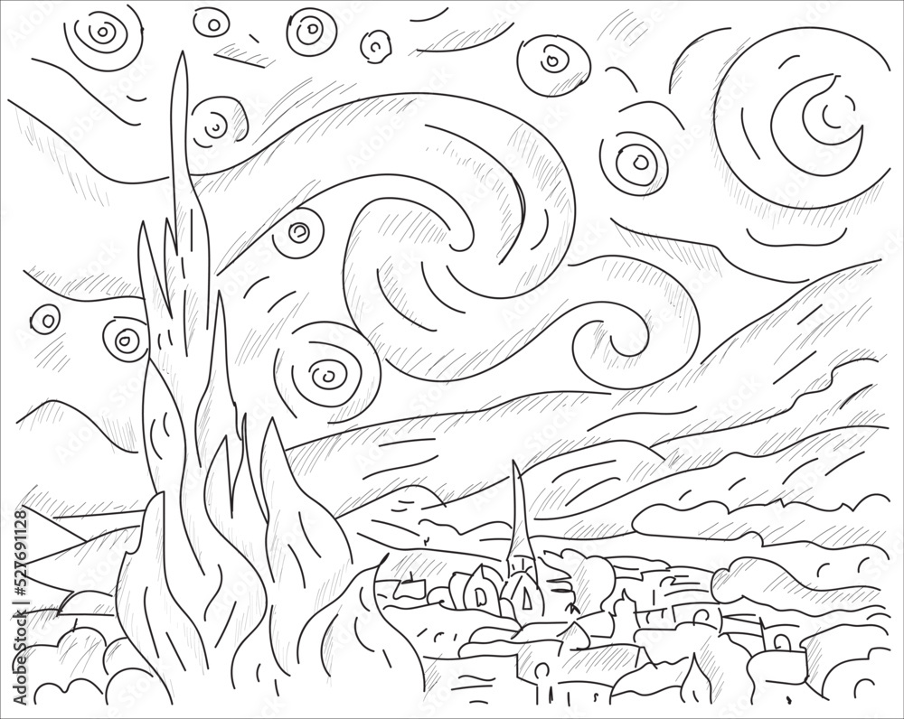 Coloring page with the starry night based on vincent van goghs painting vector