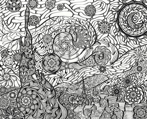 Starry night van gogh mandala adult coloring page printable original size great quarantine activity