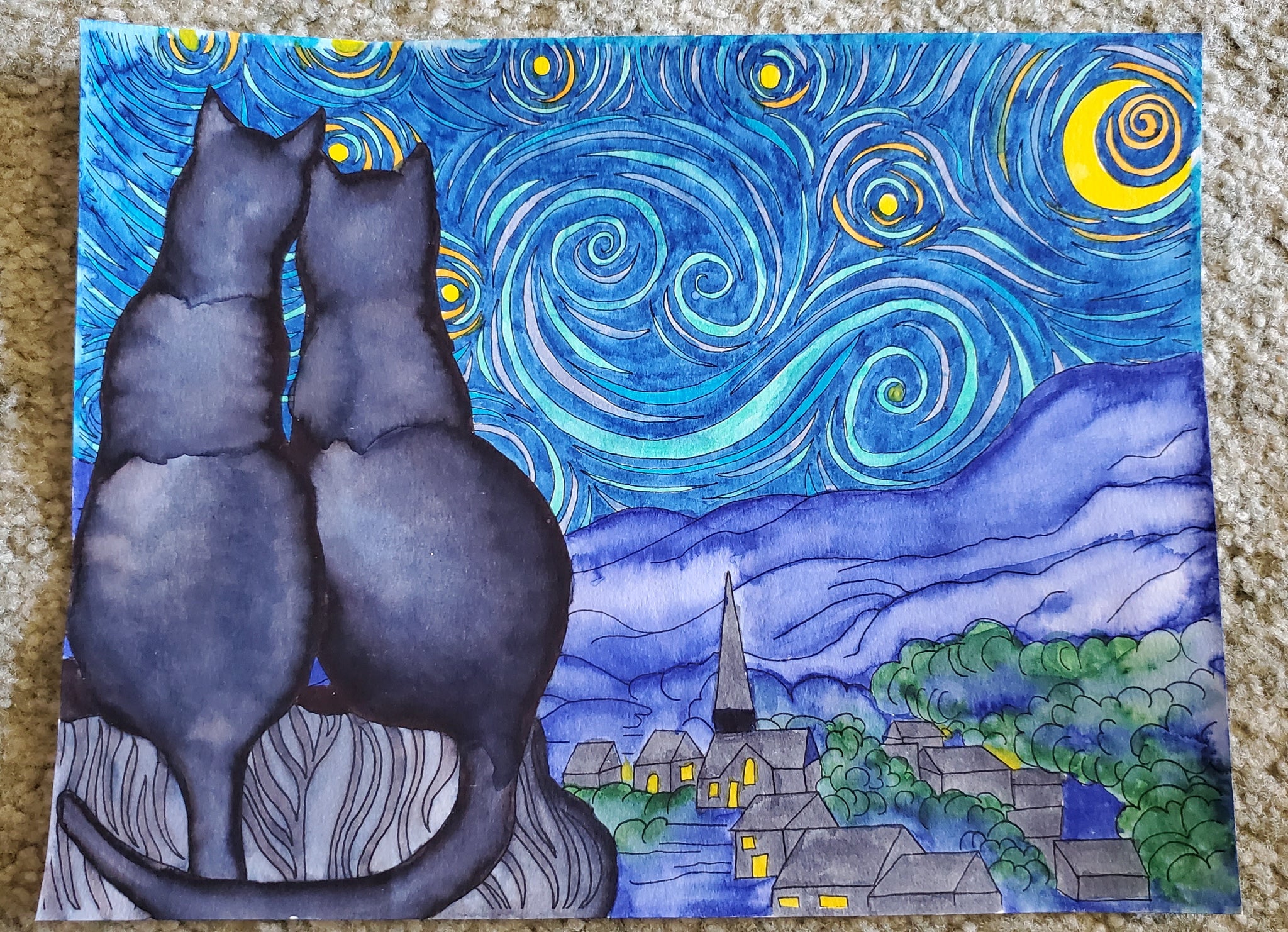 Starry kitties parody of starry night printable adult coloring page â dark whimsical art