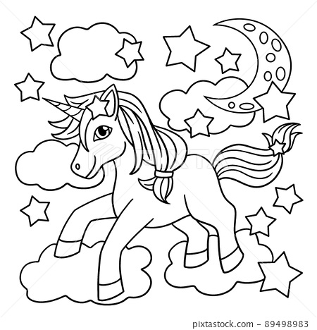 Unicorn walking with stars coloring page for kids