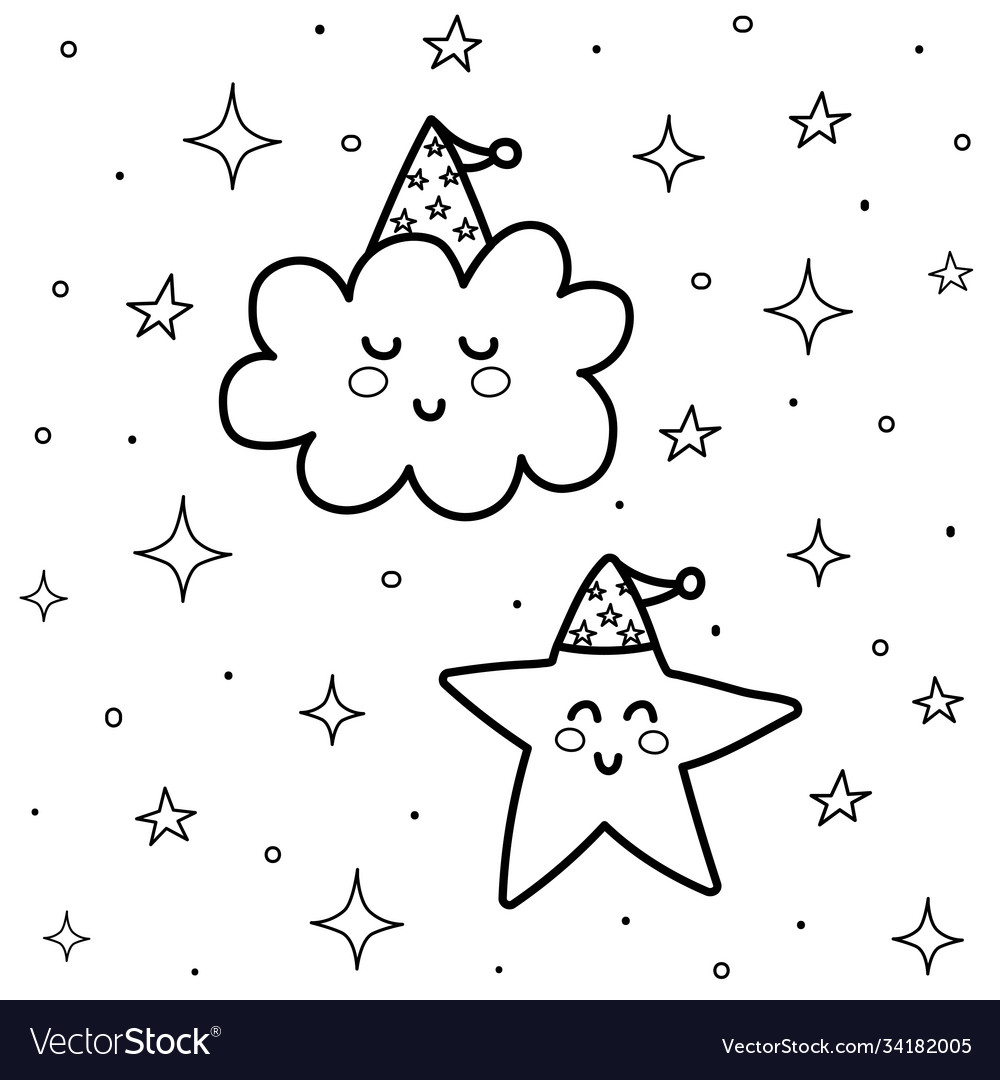 Cute cloud and star in sky coloring page good vector image