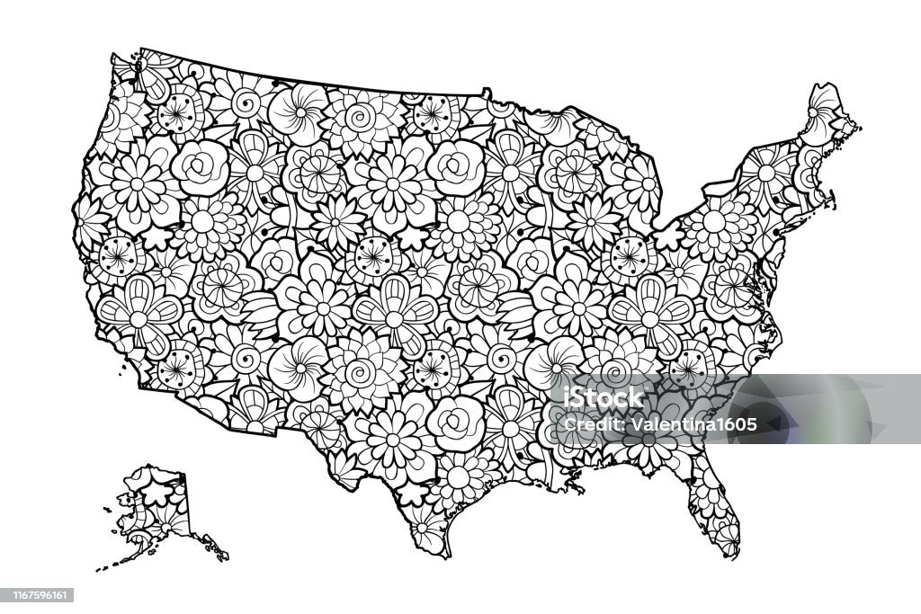 Mappa degli stati uniti damerica con i fiori illustrazione vettoriale in bianco e nero pagina da colorare per adulti