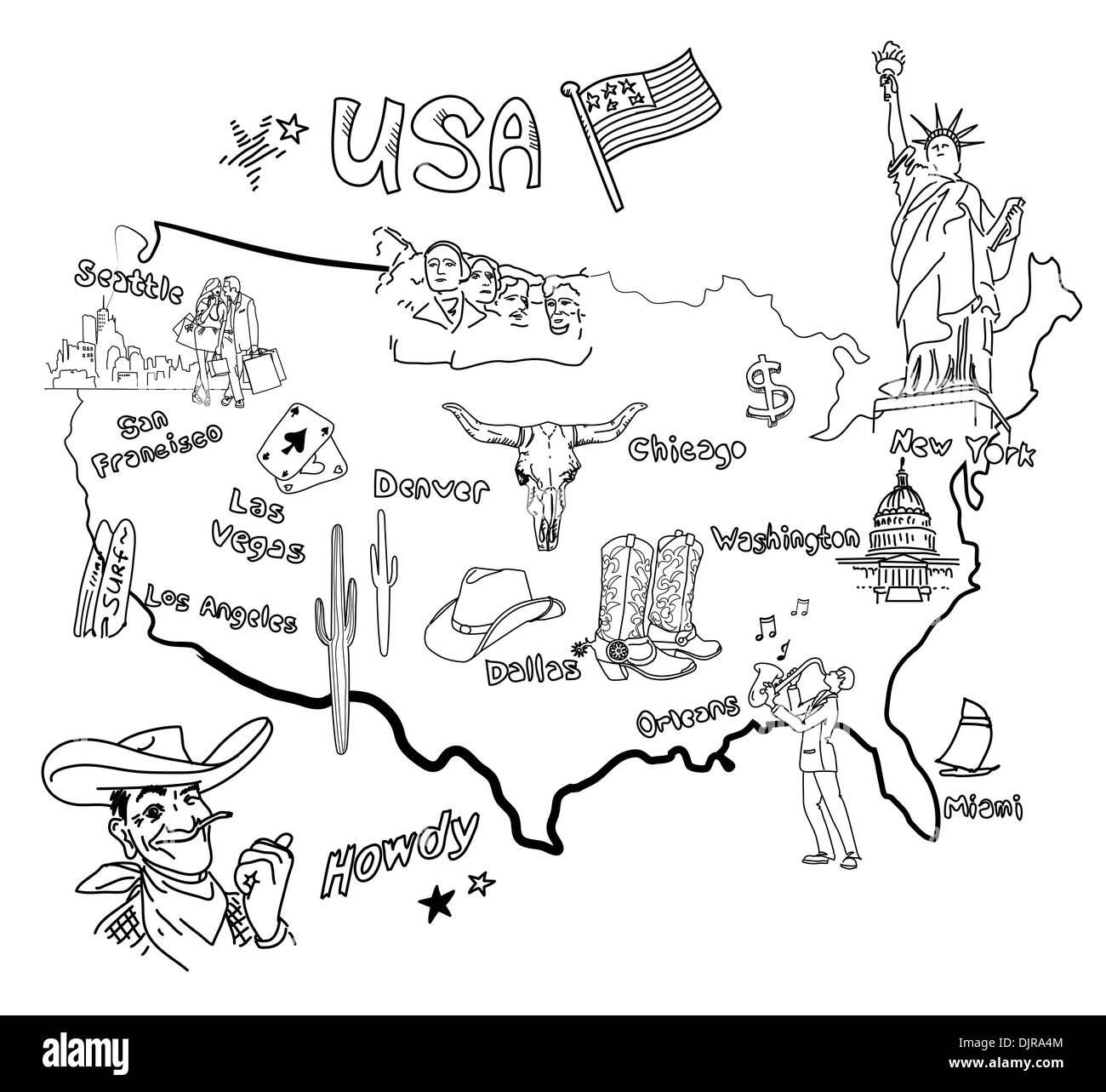 Mappa stilizzata dell america cose che diverse regioni in stati uni damerica sono famosi per la immagine e vettoriale
