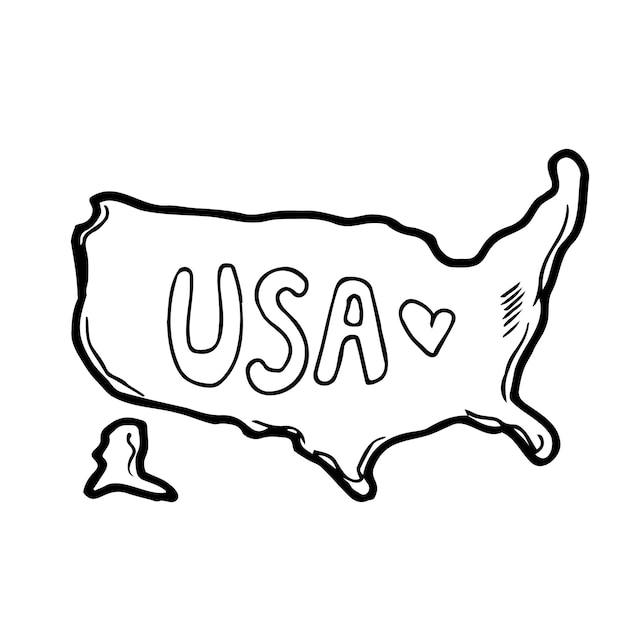 Disegnare a mano la mappa degli stati uni disegno a linee nere schizzo contorno doodle su sfondo bianco handw vettore premium