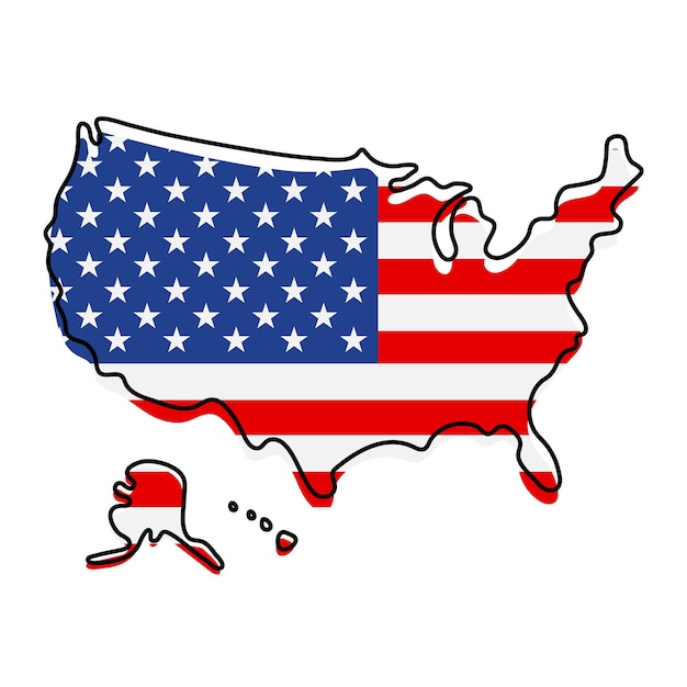 Mappa di contorno stilizzato dellamerica con licona della bandiera nazionale mappa dei colori della bandiera dellillustrazione vettoriale degli stati uni vettore premium