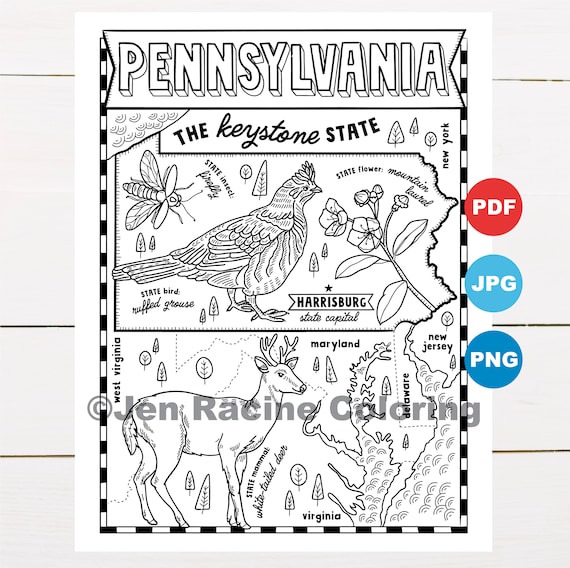 Pagina da colorare della pennsylvania stati uniti mappa dello stato fauna selvatica simboli dello stato fiori pagine da colorare