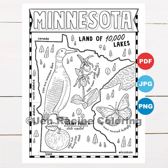 Pagina da colorare del minnesota stati uniti mappa dello stato fauna selvatica simboli dello stato fiori pagine da colorare