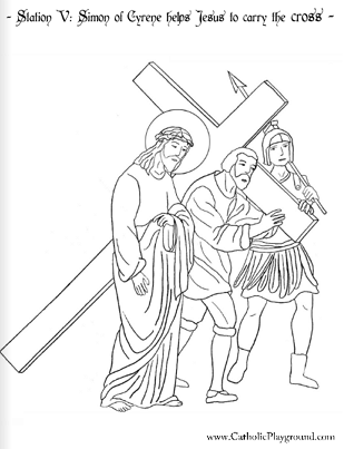 Coloring page for the fifth station of the cross simon of cyrene helps jesus to carry the cross â catholic playground