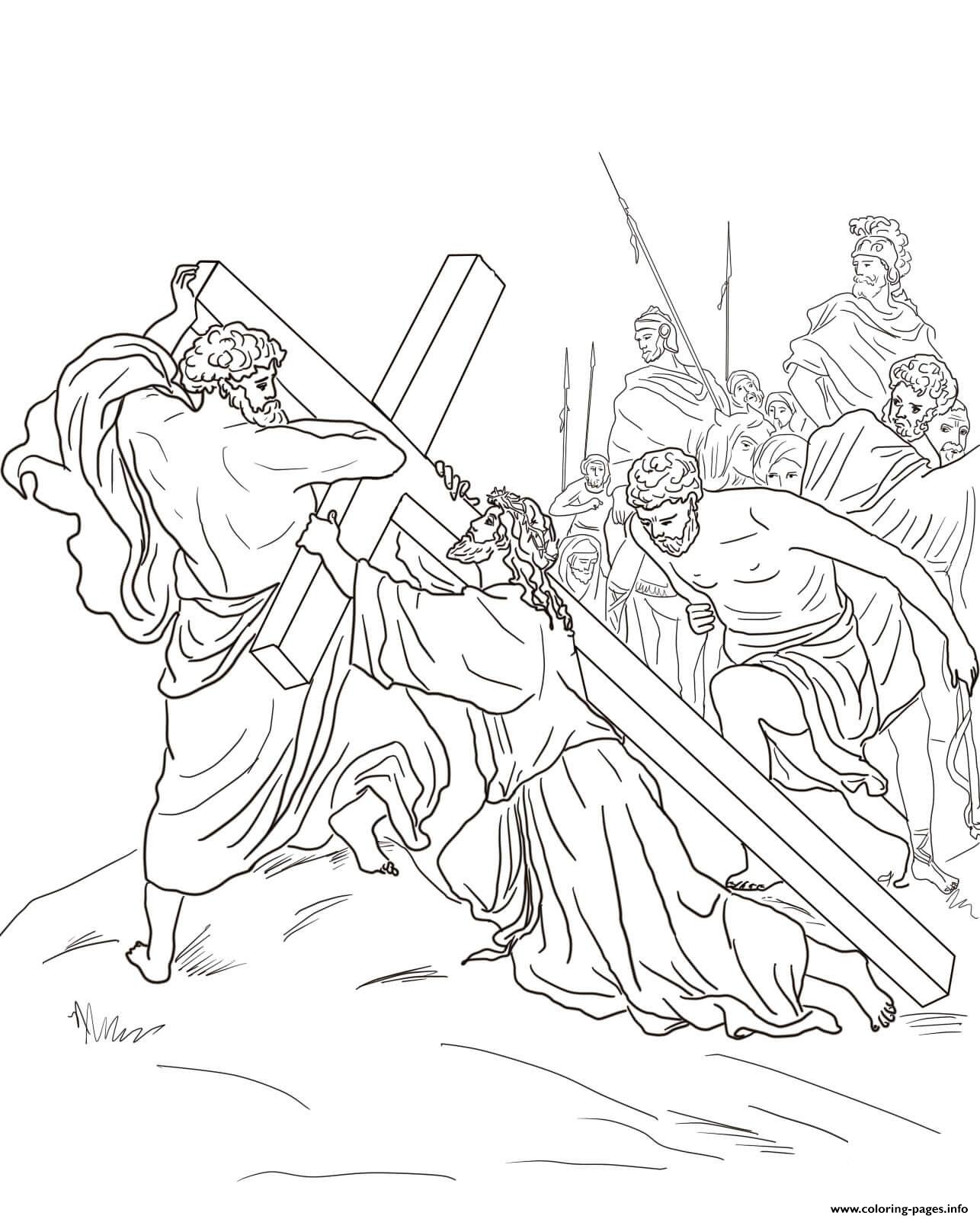 Good friday fifth station jesus is helped to carry his cross by st coloring page printable