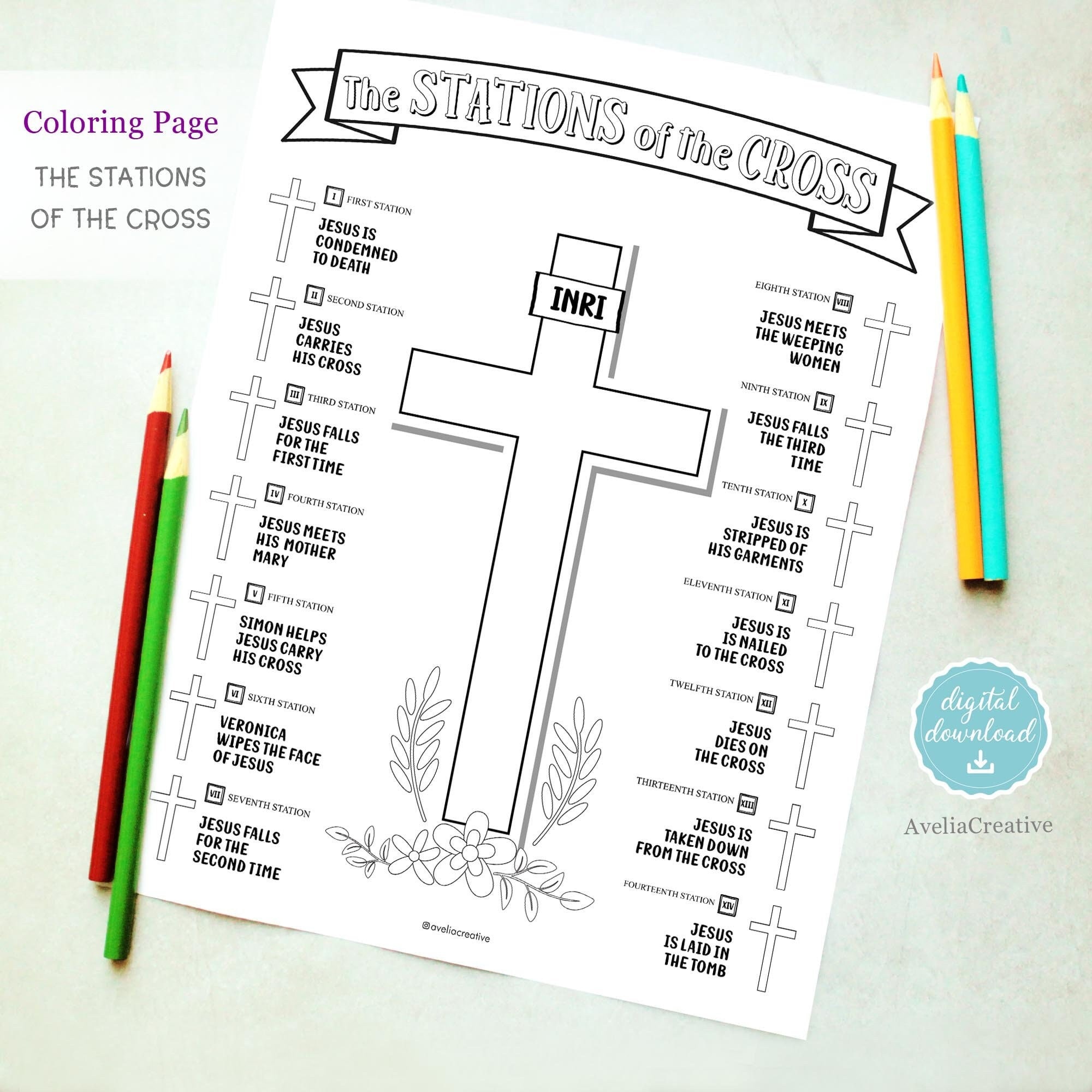 The stations of the cross coloring page instant download printable stations of the cross lent season catholic prayer kids coloring page