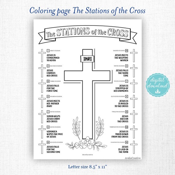 The stations of the cross coloring page instant download printable stations of the cross lent season catholic prayer kids coloring page