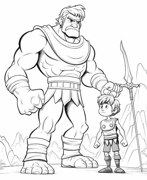 Premium vector vector kids adorable coloring cartoon page bible story book david and goliath in simple lines