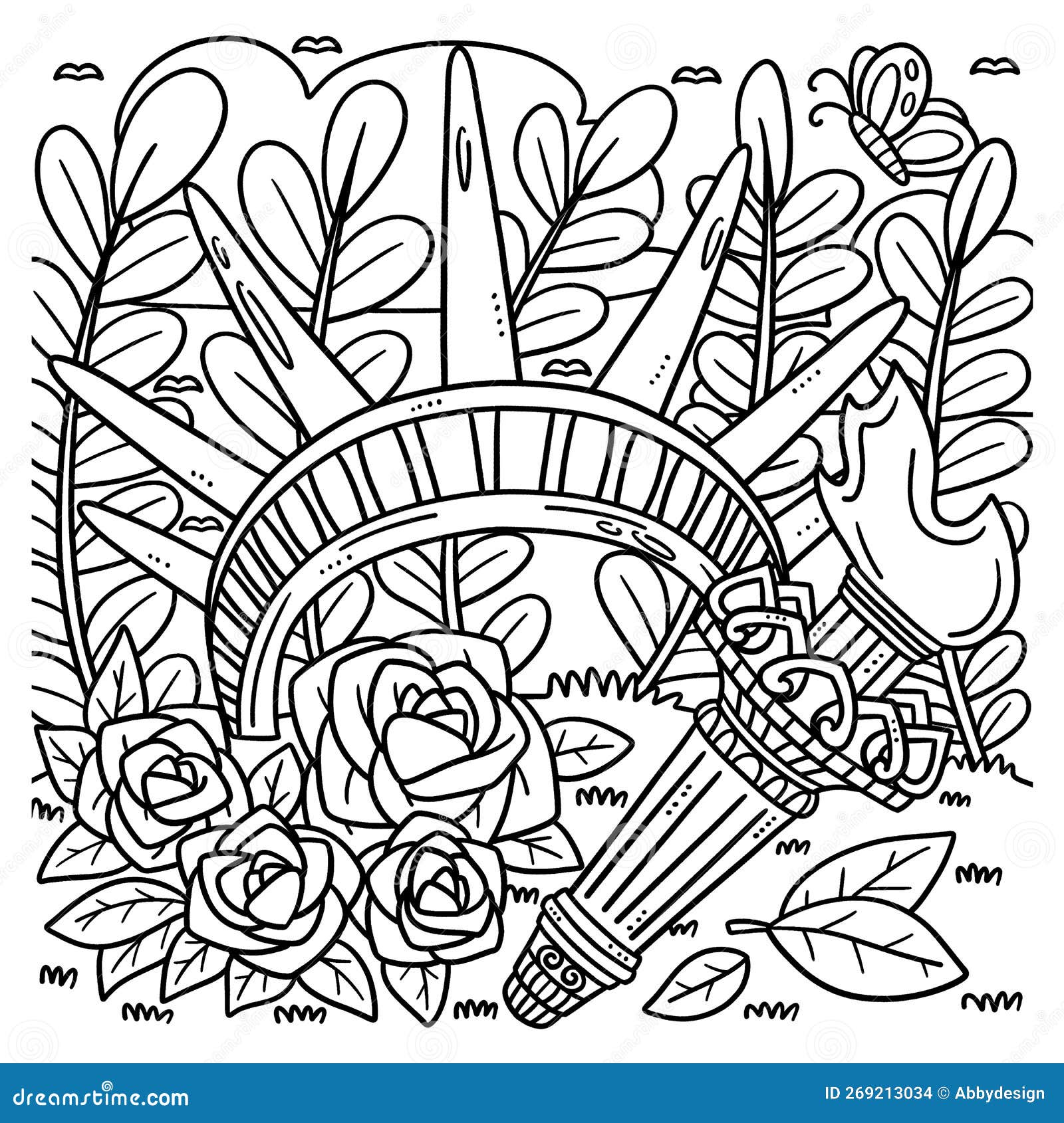 Th of july crown and torch coloring page for kids stock vector