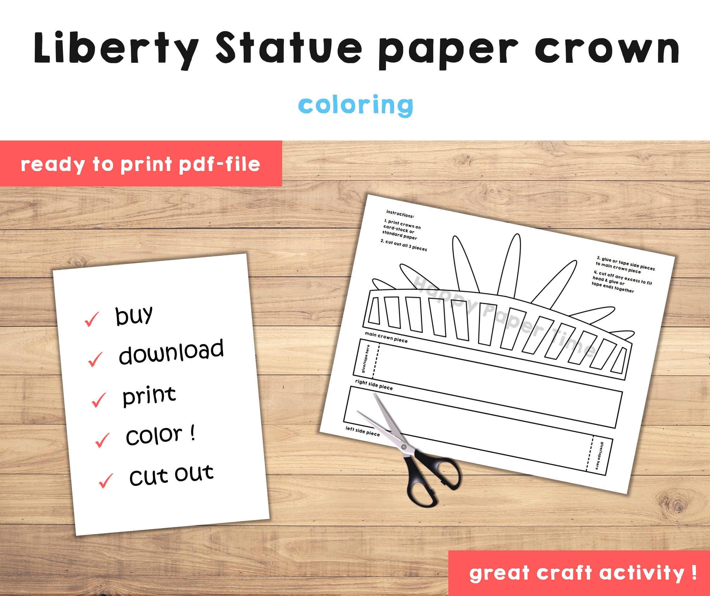 Statue of liberty paper crown coloring printable kids craft birthday party printable favor america costume diy printable instant download