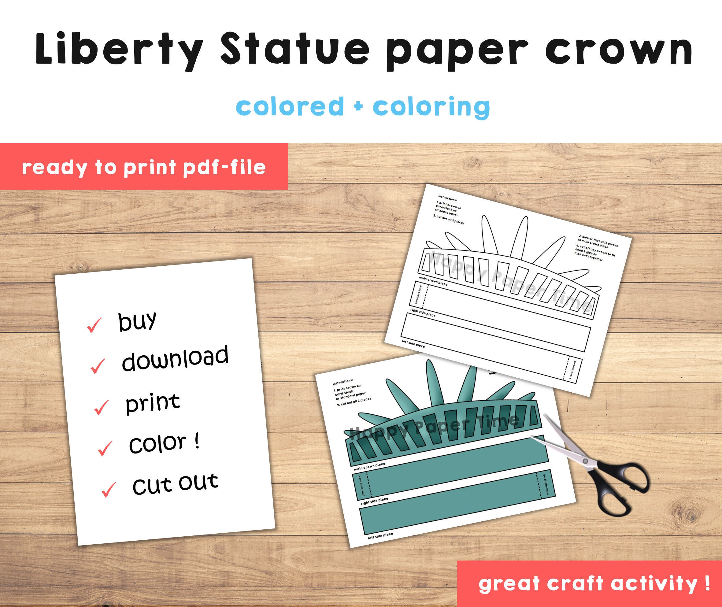 Liberty statue paper crown party coloring printable kids craft