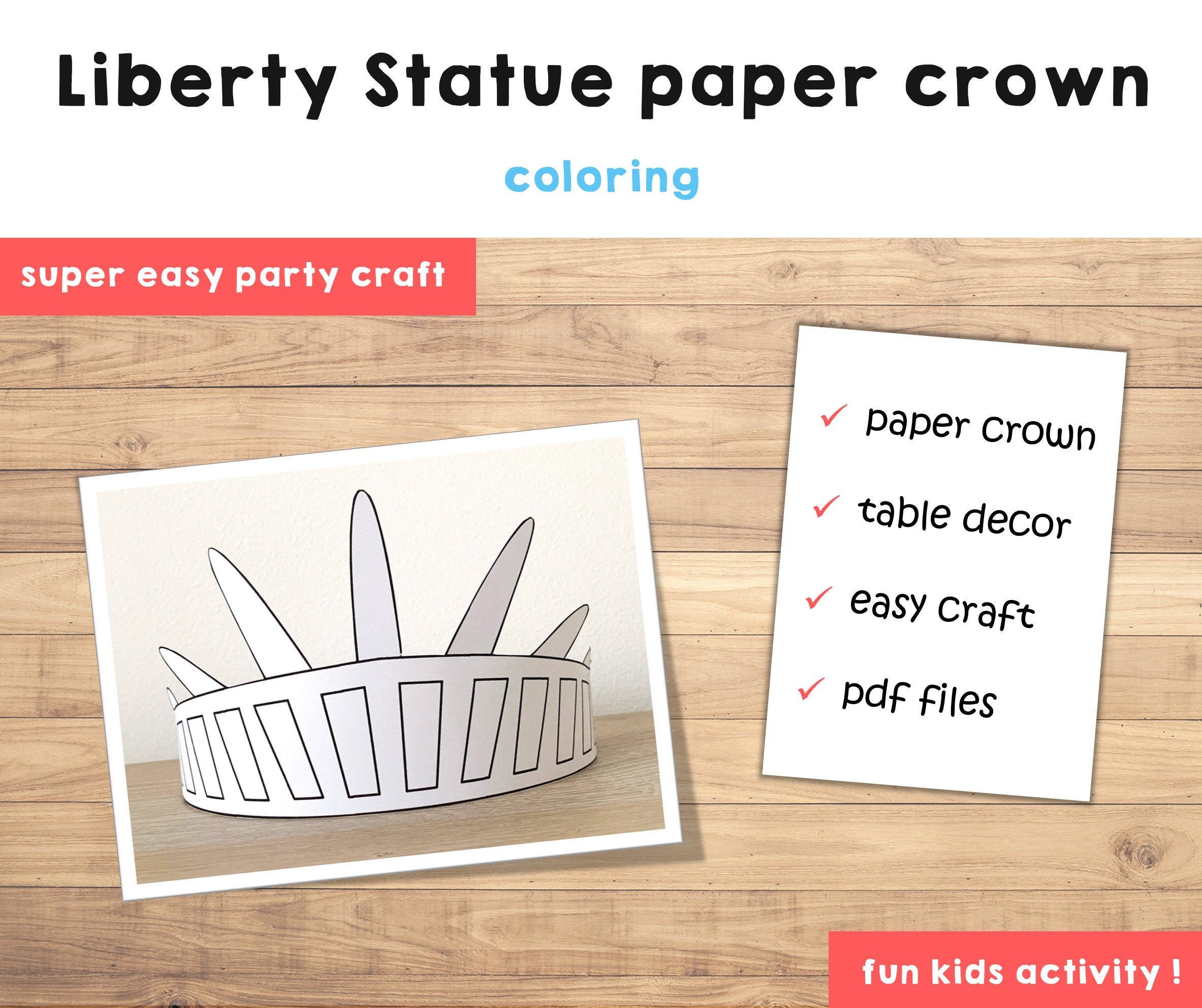 Statue of liberty paper crown coloring printable kids craft birthday party printable favor america costume diy printable instant download