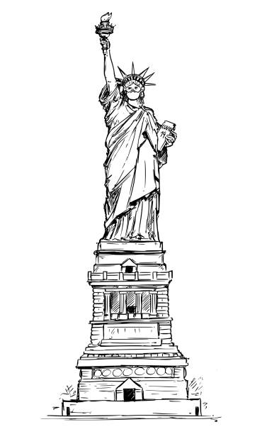 Vector sketchy illustration of the statue of liberty wearing face mask concept of coronavirus covid epidemic in the new york city stock illustration