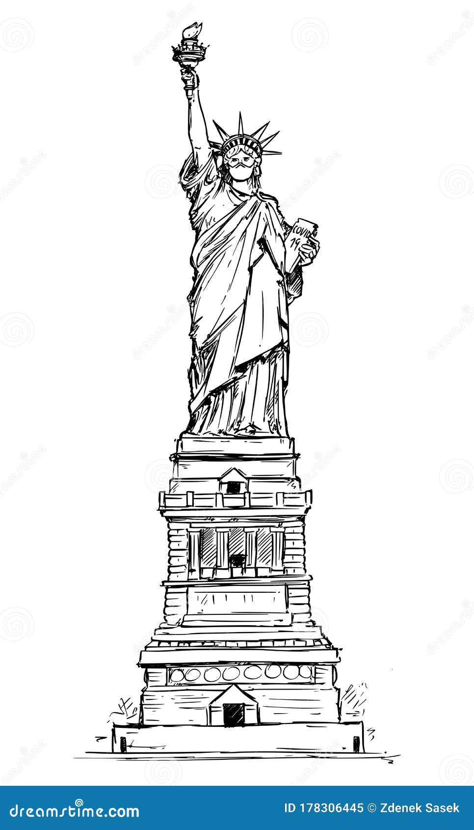 Vector sketchy illustration of the statue of liberty wearing face mask concept of coronavirus covid