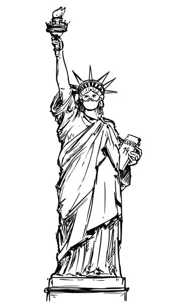 Vector sketchy illustration of the statue of liberty wearing face mask concept of coronavirus covid epidemic in the new york city stock illustration