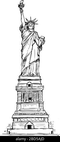 Vector drawing illustration of the statue of liberty wearing face mask protection due the coronavirus covid