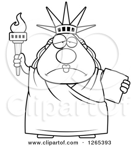 Clipart of a black and white surprised gasping chubby statue of liberty with an extinguished torch