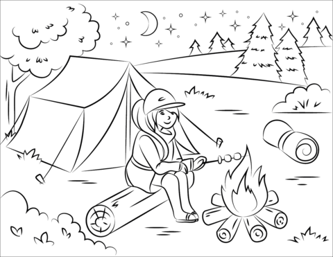 Girl roasting marshmallow over campfire coloring page free printable coloring pages