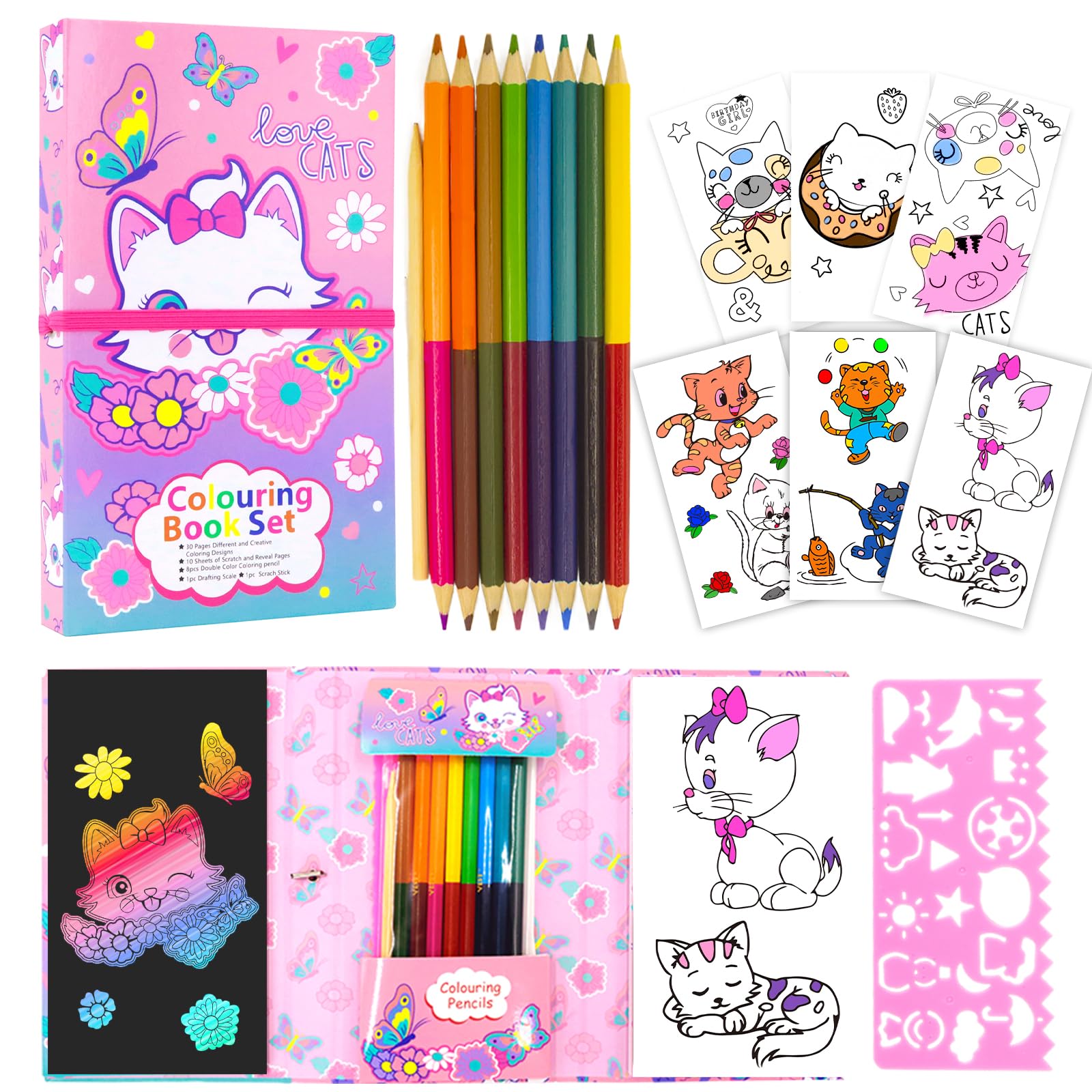 Yoytoo cat coloring pads kit for girls unicorn coloring book with coloring pages rainbow scratch papers colored pencils for drawing painting travel coloring kit for kids girls ages