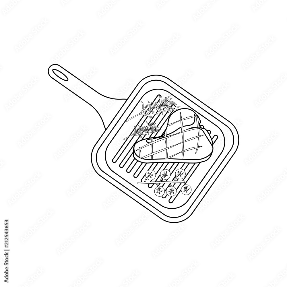 Steak on grill pan coloring pages vector