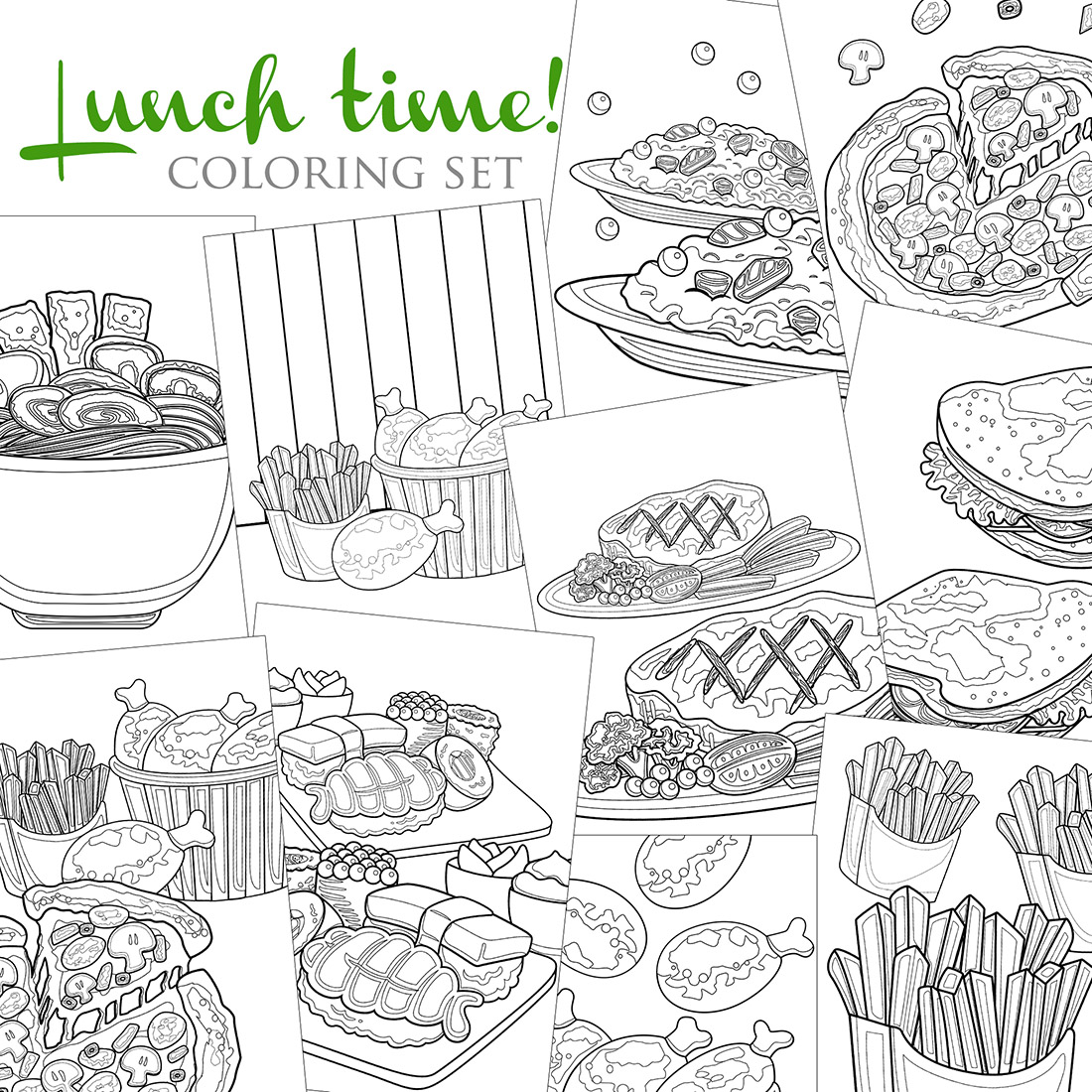 Delicious lunch time like pizza noodle ramen sushi junk food steak sandwich curry rice coloring pages for kids and adult