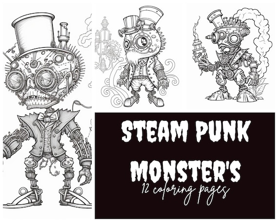 Pack stress relief coloring page steam punk adorable monster digital print instant download set coloring pages for adults