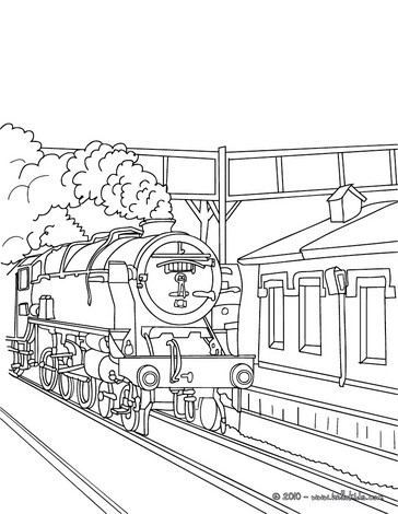 Old steam train getting in the train station coloring pages