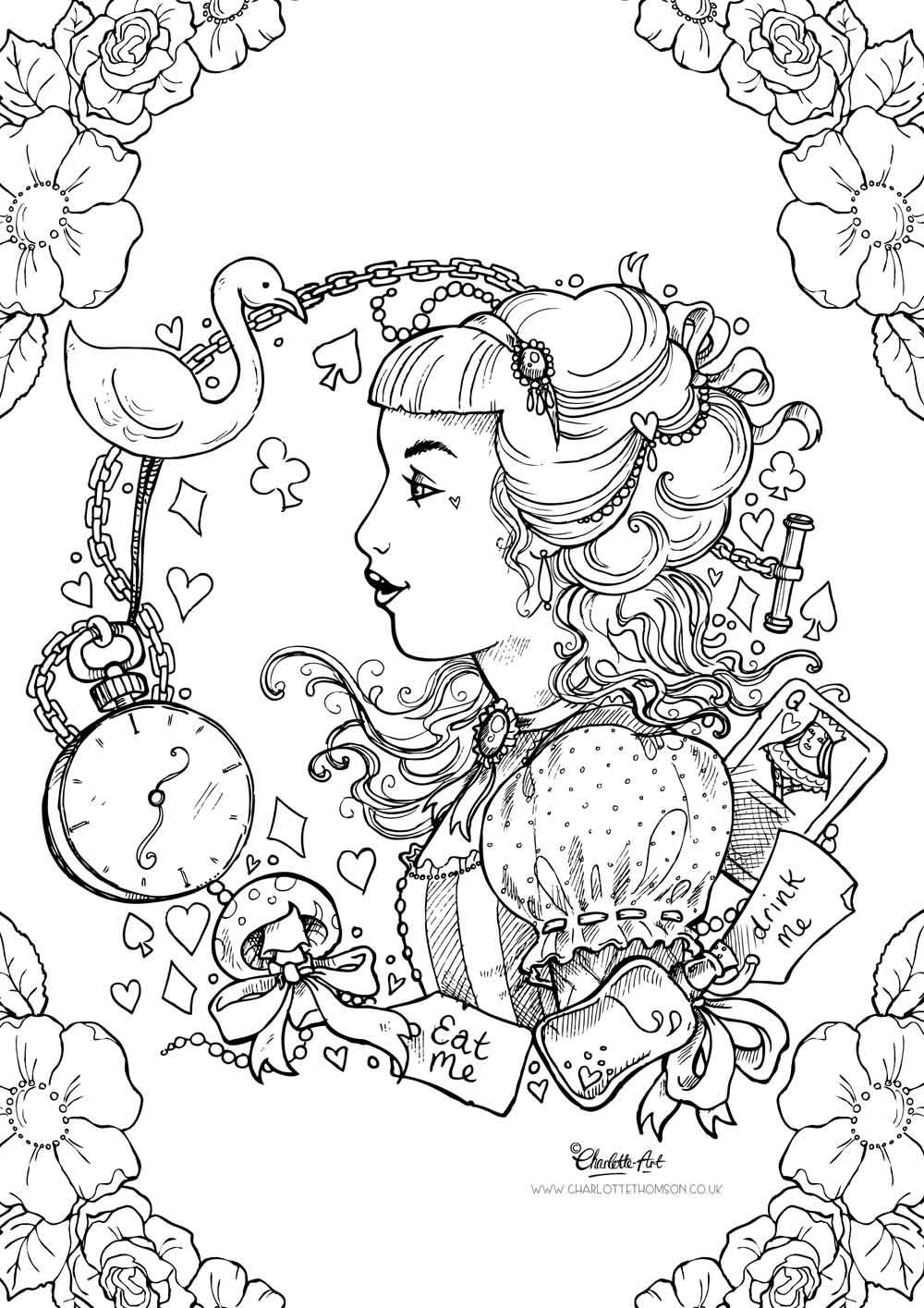 Adult colouring page alice in wonderland gothic lolita kawaii victorian pin up girl instant download pdf and jpeg file for coloring