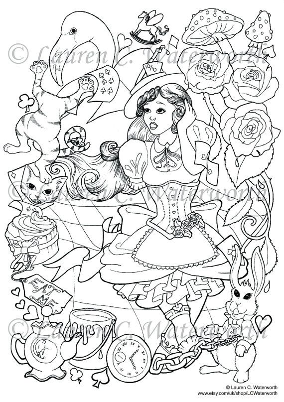 Instant download adult colouring page absolutley alice alice in wonderland gothic victorianâ coloring pages steampunk coloring detailed coloring pages