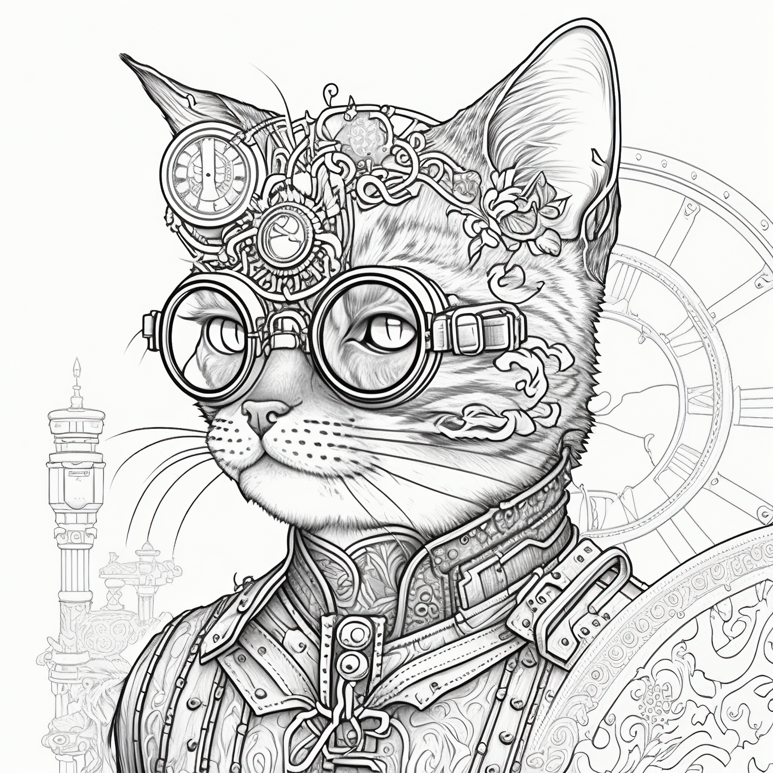 Steampunk cats coloring pages for adults