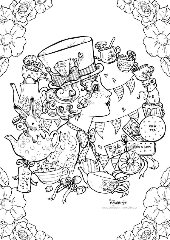 Adult colouring page mad hatter alice in wonderland steampunk gothic victorian tattoo instant download pdf and jpeg file for coloring