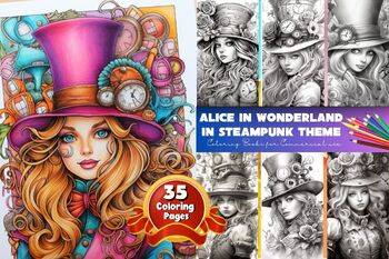 Alice in wonderland in steampunk coloring page by digital study tpt