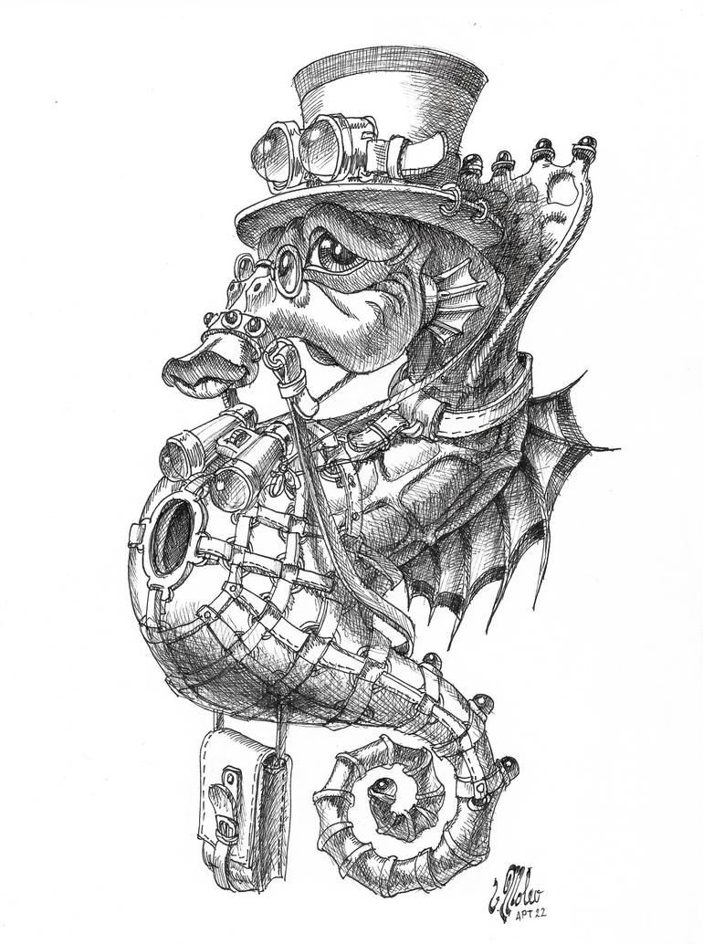 Steampunk seahorse in a top hat drawing by victor molev saatchi art